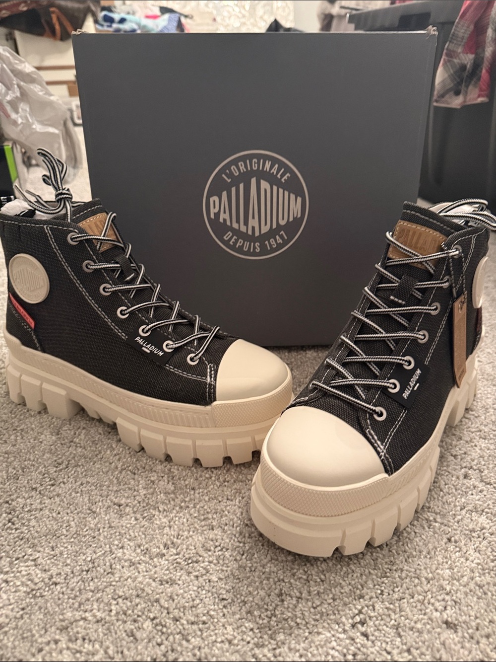 Palladium Women's Black Canvas Lace-Up Platform Boots with Cream Soles